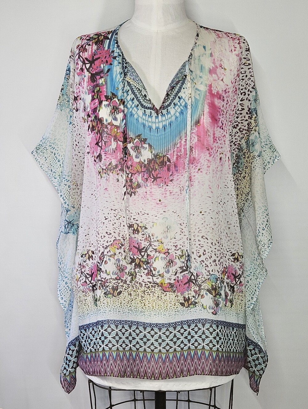 Jennifer Lopez Sz L Top Boho Chiffon Kaftan Embellished Pink Teal Floral Leopard
